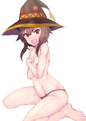 Rule 34 | 1girl, bad id, bad pixiv id, bare legs, barefoot, black hair, black hat, black panties, blush, covering breasts, covering privates, embarrassed, female focus, flat chest, hair between eyes, hat, highres, kono subarashii sekai ni shukufuku wo!, looking to the side, megumin, open mouth, panties, red eyes, sidelocks, sikijou77o, simple background, sitting, solo, tears, topless, underwear, white background, witch hat