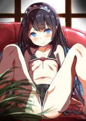 Rule 34 | 1girl, bikini, black bikini, black hair, blush, cameltoe, couch, female focus, flat chest, groin tendon, highres, light particles, long hair, looking at viewer, maid headdress, micro bikini, navel, original, partially visible vulva, plant, potted plant, reclining, shade, smile, solo, spread legs, swimsuit, window, y tyano