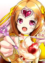 Rule 34 | 10s, 1girl, :d, bow, cake, choker, circlet, cure muse, cure muse (yellow), feeding, food, hair bow, heart, incoming food, long hair, magical girl, open mouth, orange hair, pink eyes, plate, pov feeding, precure, shirabe ako, shiratama0426, smile, solo, spoon, strawberry shortcake, suite precure