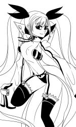 Rule 34 | 1girl, artist request, blazblue, breasts, character request, copyright request, drawfag, female focus, highres, jacket, legs, long hair, medium breasts, monochrome, navel, no bra, open clothes, open jacket, panties, rachel alucard, smile, solo, source request, thighs, twintails, underwear