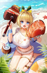 Rule 34 | 1girl, absurdres, ball, bare legs, barefoot, beach, beachball, bikini, blonde hair, blue eyes, breasts, brown dust 2, cleavage, cocktail umbrella, coconut cup, conch, crab, drinking straw, fang, foliage, fork, frilled skirt, frills, hair ornament, highres, holding, holding fork, holding skewer, justia (brown dust), justia (pool party) (brown dust), large breasts, light blush, looking at viewer, midriff, ocean, open mouth, outstretched arm, oversized food, oversized object, puling, see-through, see-through shirt, seiza, shirt, short hair, sitting, skewer, skirt, small horns, starfish, swimsuit, thigh strap, waves, wet, wet clothes, wet shirt, wristband