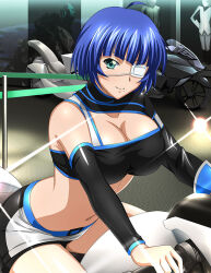 Rule 34 | 1girl, ahoge, alternate costume, black bra, black shorts, black sleeves, blue hair, blunt bangs, bra, breasts, cleavage, closed mouth, detached sleeves, eyepatch, green eyes, ikkitousen, large breasts, long sleeves, looking at viewer, midriff, mole, mole under mouth, navel, riding, ryomou shimei, short hair, short shorts, shorts, smile, solo, stomach, underwear