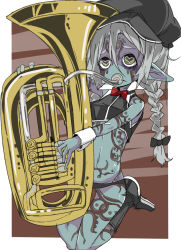 Rule 34 | 1girl, blue skin, bow, bowtie, braid, colored skin, facial tattoo, female focus, hat, heart, highres, instrument, kneeling, monster girl, navel, pointy ears, pubic tattoo, solo, symbol-shaped pupils, tattoo, thigh gap, tomatojam, tuba, twin braids, white hair