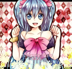 Rule 34 | 1girl, argyle, argyle background, argyle clothes, bad id, blue eyes, blue hair, character name, collarbone, happy birthday, hatsune miku, hiromi, hiromi (pico milk), long hair, matching hair/eyes, open mouth, solo, twintails, vocaloid