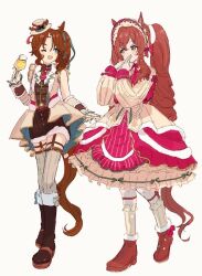 Rule 34 | 2girls, alternate costume, alternate hairstyle, animal ears, blue eyes, blush, boots, brown hair, commentary request, cup, drinking glass, full body, horse ears, horse tail, long hair, medium hair, mejiro bright (starry snow lolita) (umamusume), mejiro bright (umamusume), mejiro palmer (umamusume), mejiro palmer (warm-hearted reindeer) (umamusume), multiple girls, one eye closed, open mouth, shoes, simple background, tail, twintails, umamusume, white background, wine glass