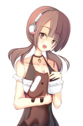 Rule 34 | 10s, 1girl, :d, bad id, bad pixiv id, bare shoulders, blush, breasts, brown eyes, brown hair, choker, cleavage, head tilt, headphones, heart, large breasts, looking at viewer, okita sawa, open mouth, shirotaso0818, short twintails, smile, solo, stuffed animal, stuffed horse, stuffed toy, tari tari, twintails, white background