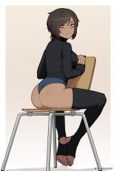 Rule 34 | 1girl, absurdres, ass, black hair, black nails, black thighhighs, breasts, chair, commentary, dark-skinned female, dark skin, english commentary, feet, highres, k3nnyn3v, large breasts, limbus company, long hair, nail polish, orange eyes, outis (project moon), project moon, short hair, sitting, sitting backwards, sleeves past wrists, smile, soles, solo, stirrup legwear, thighhighs, toeless legwear, toenail polish, toenails, toes, turtleneck