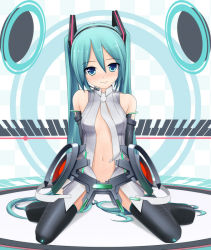 Rule 34 | 1girl, aqua eyes, aqua hair, arms behind back, bad id, bad pixiv id, belt, colorized, elbow gloves, eto, full body, gloves, hatsune miku, hatsune miku (append), kneeling, long hair, looking at viewer, navel, necktie, smile, solo, thighhighs, twintails, very long hair, vocaloid, vocaloid append, zettai ryouiki