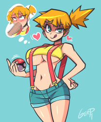 Rule 34 | 1girl, alternate breast size, blush, breasts, censored, creatures (company), curvy, fellatio, game freak, gerph, hand on own hip, heart, heart-shaped pupils, hetero, imagining, large breasts, licking lips, looking at viewer, misty (pokemon), naughty face, nintendo, no bra, oral, orange hair, penis, poke ball, pokemon, pokemon (anime), pokemon (classic anime), ponytail, shiny skin, short ponytail, short shorts, shorts, smile, suspenders, symbol-shaped pupils, tank top, tongue, tongue out, underboob