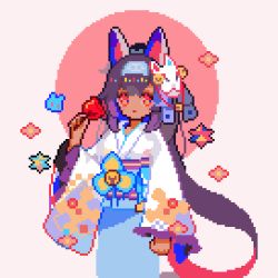 Rule 34 | 1girl, bell, blue hairband, blue ribbon, candy apple, closed mouth, dark-skinned female, dark skin, drac., female focus, floral print, food, fox mask, hair ribbon, hairband, hand up, headgear, holding, holding food, japanese clothes, jingle bell, kimono, long hair, long sleeves, looking at viewer, lowres, mask, mask on head, nephtim (world flipper), official alternate costume, pink background, pixel art, purple hair, red eyes, ribbon, sash, sidelocks, simple background, solo, standing, two-tone background, very long hair, white kimono, wide sleeves, world flipper