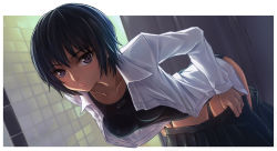 Rule 34 | 1girl, amagami, bent over, black hair, breasts, competition swimsuit, dress shirt, dutch angle, leaning forward, looking at viewer, nanasaki ai, one-piece swimsuit, open clothes, open shirt, pleated skirt, purple eyes, shirt, short hair, skirt, solo, swimsuit, swimsuit under clothes, todee, undressing