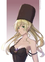 Rule 34 | 1girl, alternate breast size, artist name, bare shoulders, blonde hair, breasts, cleavage, code vein, collarbone, commentary, frown, fur hat, green eyes, hat, highres, long hair, looking at viewer, medium breasts, mia karnstein, nstch root a, off shoulder, solo, twintails