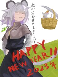 Rule 34 | 1girl, 2023, :3, absurdres, animal ears, basket, black skirt, black vest, breasts, capelet, closed eyes, closed mouth, commentary request, cowboy shot, crystal, grey capelet, grey hair, hands on own hips, happy new year, hat, highres, jewelry, layered clothes, lenserd, long sleeves, medium hair, mouse (animal), mouse ears, mouse girl, mouse tail, nazrin, new year, party hat, pendant, shirt, skirt, skirt set, small breasts, smile, solo, tail, touhou, translation request, vest, white shirt