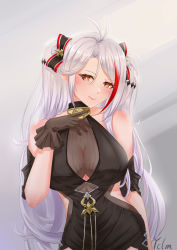 Rule 34 | 1girl, absurdres, antenna hair, artist name, azur lane, black dress, black gloves, bow, center opening, clothing cutout, cowboy shot, dress, gloves, hair bow, highres, ichikushi mojibake, long hair, looking at viewer, multicolored bow, multicolored hair, official alternate costume, prinz eugen (azur lane), prinz eugen (cordial cornflower) (azur lane), red hair, see-through, silver hair, simple background, solo, streaked hair, two-tone hair, underboob cutout, very long hair, yellow eyes