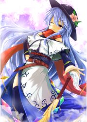 Rule 34 | 1girl, adapted costume, akisome hatsuka, alternate costume, belt, blue hair, blush, bow, cherry blossoms, detached sleeves, dress, flower, gensokyo, hat, hat flower, hat ornament, highres, hinanawi tenshi, long hair, one eye closed, petals, red eyes, scarf, scarlet weather rhapsody, smile, solo, sword of hisou, touhou, very long hair, weapon, wink