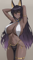 1girl animal_ears armlet arms_behind_head black_hair blush breasts commentary dark-skinned_female dark_skin english_commentary fangs_(fangs_art) gradient_hair grey_background grin highres jewelry large_breasts long_hair looking_at_viewer multicolored_hair navel original pelvic_curtain simple_background smile solo stomach thighlet yellow_eyes