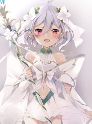 Rule 34 | 1girl, :d, antenna hair, bare shoulders, blush, clothing cutout, collarbone, commentary request, dress, flower, grey background, hair between eyes, hair flower, hair ornament, holding, holding staff, kokkoro (princess) (princess connect!), kokkoro (princess connect!), natsume eri, navel, navel cutout, open mouth, pointy ears, princess connect!, princess form (princess connect!), red eyes, silver hair, sleeveless, sleeveless dress, smile, solo, staff, white dress, white flower