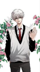 Rule 34 | 1boy, baek siyun, black pants, dreaming freedom, flower, hand up, highres, long hair, looking at viewer, open mouth, pants, rose, shirt, simple background, smile, solo, sweater, white background, white eyes, white hair, white shirt, white sweater