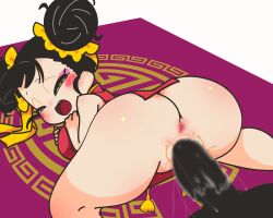 Rule 34 | 1girl, anus, ass, black hair, blush, blush stickers, bottomless, breasts, censored, china dress, chinese clothes, curvy, double bun, dress, eyeshadow, fang, hair bun, hetero, highres, huge ass, large breasts, makeup, moaning, no panties, original, penis, pussy, pussy juice, rakuda itou, saliva, sex, spread legs, sweat, thick thighs, thighs, vaginal, yellow eyes