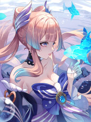 Rule 34 | 1girl, absurdres, bare shoulders, blunt bangs, blurry, collarbone, commentary request, depth of field, detached sleeves, facing away, fish, genshin impact, hair ornament, highres, long hair, long sleeves, looking away, low twintails, nontraditional miko, parted lips, pink hair, purple eyes, sangonomiya kokomi, sidelocks, solo, strapless, twintails, underwater, vision (genshin impact), wide sleeves, xi xi (lyamato)