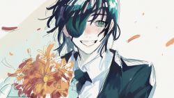Rule 34 | 1girl, black hair, black jacket, black suit, blueberry proto, blush, bouquet, chainsaw man, collared shirt, eyepatch, flower, formal, green eyes, hair between eyes, highres, himeno (chainsaw man), jacket, looking at viewer, necktie, one eye covered, open mouth, petals, shirt, short hair, smile, solo, suit, teeth, white background, white shirt