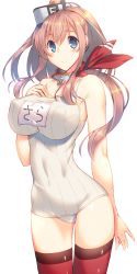 Rule 34 | 10s, 1girl, blue eyes, breasts, brown hair, cowboy shot, hair between eyes, kantai collection, large breasts, long hair, looking at viewer, mutsuno hekisa, name tag, navel, neckerchief, one-piece swimsuit, ponytail, red neckerchief, red thighhighs, saratoga (kancolle), school swimsuit, side ponytail, solo, swimsuit, thighhighs, white one-piece swimsuit, white school swimsuit