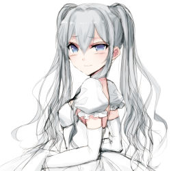 Rule 34 | 1girl, absurdres, bad id, bad pixiv id, blue eyes, blush, blush stickers, detached sleeves, dress, drill hair, ears visible through hair, grey hair, hair between eyes, hands in pockets, highres, juliet sleeves, long hair, long sleeves, looking at viewer, misteor, original, puffy sleeves, sketch, solo, twintails, white background, white dress