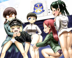 Rule 34 | 5girls, angry, ass, black hair, black panties, blush, bottomless, brown eyes, brown hair, butt crack, closed eyes, erica hartmann, eyepatch, fang, francesca lucchini, gertrud barkhorn, green hair, hair ornament, hair ribbon, hat, hosoinogarou, long hair, military, military hat, military uniform, minna-dietlinde wilcke, multiple girls, musical note, no panties, open mouth, outdoors, panties, panty pull, red hair, ribbon, sakamoto mio, short hair, smile, standing, strike witches, striped clothes, striped panties, tears, twintails, underwear, uniform, white panties, world witches series
