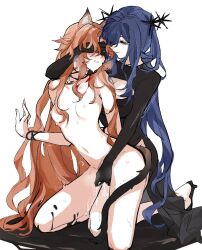 Rule 34 | 2girls, animal ears, arcana (reverse:1999), assertive female, black shirt, blue hair, breasts, breasts apart, brown hair, cleavage, cleavage cutout, clenched teeth, clothed female nude female, clothing cutout, collarbone, completely nude, covering another&#039;s eyes, druvis iii, fingering, fox ears, fox girl, hand up, kneeling, large breasts, long hair, long sleeves, looking at another, multiple girls, navel, nude, parted bangs, pussy juice, pussy juice trail, rekka, reverse:1999, shirt, simple background, small breasts, smile, teeth, trembling, white background, yellow eyes, yuri