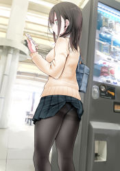 Rule 34 | 1girl, accidental exposure, bag, blue skirt, blurry, blurry background, breasts, cellphone, clothes lift, cowboy shot, fine fabric emphasis, from behind, green eyes, hand up, highres, holding, indoors, jk-chan (oouso), long hair, medium breasts, ol-chan (oouso), oouso, original, panties, panties under pantyhose, pantyhose, pantyshot, phone, pleated skirt, school bag, school uniform, sidelocks, skirt, skirt lift, smartphone, solo, thighs, underwear, wardrobe malfunction