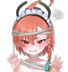 1girl ahoge arms_up bandages blue_archive braid clenched_teeth close-up clzh earrings hair_ornament halo highres huge_ahoge jewelry maid_headdress mole mole_under_eye mummy_costume naked_bandage neru_(blue_archive) orange_hair red_eyes short_hair side_braid solo tears teeth white_background