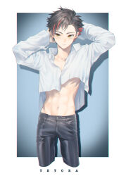 Rule 34 | 1boy, absurdres, alternate costume, arms up, black hair, black pants, border, character name, collared shirt, commentary request, ensemble stars!, highres, long sleeves, male focus, multicolored hair, nagumo tetora, namo, navel, pants, parted lips, red hair, shirt, short hair, solo, streaked hair, two-tone hair, white border, white shirt, yellow eyes