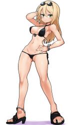 Rule 34 | 1girl, absurdres, armpits, bikini, black bikini, blonde hair, blush, breasts, buta-don, cleavage, closed mouth, eyewear on head, full body, green eyes, hand on own hip, heinrike prinzessin zu sayn-wittgenstein, highres, large breasts, long hair, looking at viewer, navel, noble witches, simple background, solo, standing, sunglasses, swimsuit, thong bikini, white background, world witches series