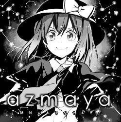 Rule 34 | 1girl, artist name, azuma aya, bow, commentary request, constellation, facing viewer, greyscale, hat, hat bow, hat ribbon, looking at viewer, monochrome, necktie, ribbon, smile, solo, star (symbol), touhou, translation request, upper body, usami renko, v-shaped eyebrows