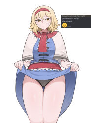 Rule 34 | 1girl, alice margatroid, ascot, black panties, blonde hair, blue dress, capelet, closed mouth, clothes lift, commentary, cowboy shot, discord, dress, dress lift, english commentary, english text, from below, groin, hairband, highres, lace, lace panties, legs, lifting own clothes, mata (matasoup), mole, mole on crotch, mole on stomach, panties, red ascot, red hairband, sash, screenshot inset, short hair, simple background, skirt, skirt lift, solo, thighs, touhou, underwear, white background, white capelet, yellow eyes