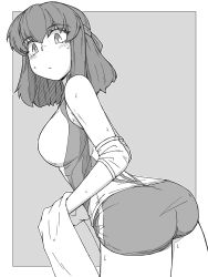Rule 34 | 1girl, absurdres, ass, border, closed mouth, elbow pads, from side, girls und panzer, greyscale, headband, highres, holding, holding towel, kondou taeko, light frown, looking at viewer, looking back, medium hair, monochrome, outside border, renshiu, shirt, short shorts, shorts, single vertical stripe, sleeveless, sleeveless shirt, solo, sportswear, standing, towel, volleyball uniform