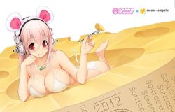 Rule 34 | 1girl, animal ears, barefoot, bikini, blush, breasts, cheese, cleavage, dated, food, fork, headphones, jewelry, large breasts, long hair, mouse ears, mouse tail, necklace, nitroplus, pink eyes, pink hair, shiny skin, smile, solo, strap gap, super sonico, swimsuit, tail, tongue, tsuji santa, white bikini