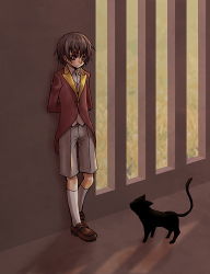 Rule 34 | 1boy, arms behind back, black hair, brown hair, cat, child, code geass, formal, kneehighs, leaning back, lelouch vi britannia, loafers, lowres, male focus, mecco, shoes, socks, solo, aged down