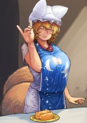 Rule 34 | 1girl, absurdres, animal ears, animal hat, arm up, bad id, bad tumblr id, bare arms, blonde hair, breasts, chanta (ayatakaoisii), closed eyes, closed mouth, dress, food, food request, fox ears, fox shadow puppet, fox tail, hand up, hat, highres, large breasts, meme, mob cap, multiple tails, plate, salt bae (meme), short hair, short sleeves, solo, sweatdrop, tabard, table, tail, touhou, upper body, white dress, white hat, yakumo ran