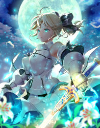 Rule 34 | 1girl, ahoge, aqua eyes, armor, armored dress, artoria pendragon (fate), blonde hair, blurry, bow, caliburn (fate), depth of field, detached sleeves, dress, fate/grand order, fate/unlimited codes, fate (series), flower, full moon, glowing, glowing sword, glowing weapon, hair bow, highres, lily (flower), moon, night, ponytail, saber (fate), saber lily, sky, solo, suishougensou, weapon