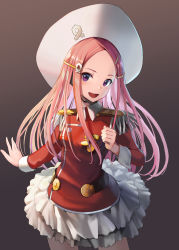 Rule 34 | 1girl, :d, absurdres, anemone (eureka seven), blush, clenched hand, cowboy shot, epaulettes, eureka seven, eureka seven (series), forehead, frilled skirt, frills, gradient background, hair ornament, hairclip, hat, headset, highres, jacket, long hair, long sleeves, looking at viewer, medal, open mouth, outstretched arm, parted bangs, pink hair, purple eyes, red jacket, round teeth, skirt, smile, solo, standing, sunga2usagi, teeth, white hat, wrist cuffs