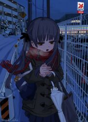 Rule 34 | 1girl, absurdres, bag, black bow, bow, breath, brown eyes, building, car, christmas tree, coat, cold, fence, hair bow, highres, holding, holding umbrella, jitome, motor vehicle, muika zukin, night, open mouth, original, outdoors, overcast, own hands together, plaid, plaid scarf, pleated skirt, red scarf, road, road sign, scarf, sign, skirt, sky, snow, solo, twintails, umbrella, warming hands, winter, winter clothes