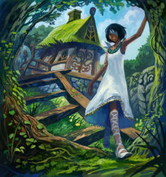 Rule 34 | black hair, dark skin, dress, eyepatch, forest, house, lack, nature, original, tree, white witch (lack)