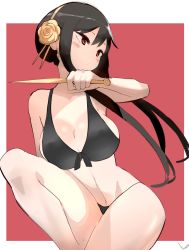 Rule 34 | 1girl, absurdres, akisas99, artist name, black hair, black one-piece swimsuit, breasts, cleavage, dagger, flower, hair flower, hair ornament, highres, holding, holding weapon, knife, large breasts, looking to the side, one-piece swimsuit, outside border, parted lips, red background, red eyes, rose, short hair with long locks, sidelocks, solo, spy x family, swimsuit, weapon, yor briar