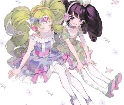 Rule 34 | 2girls, :d, black eyes, black hair, blue dress, bow, commentary request, dress, drill hair, falulu, falulu (awakened), floral print, forehead jewel, frilled dress, frills, from above, full body, gaaruru (pripara), green dress, green footwear, green hair, hair bow, hands on own knees, headphones, high heels, inogashi, long hair, looking at viewer, multiple girls, open mouth, parted bangs, pink ribbon, pretty series, pripara, ribbon, shoes, sidelocks, sitting, smile, thighhighs, twin drills, twintails, very long hair, white background, white thighhighs
