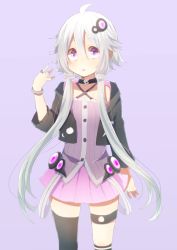 Rule 34 | 1girl, adapted costume, ahoge, alternate hair color, bracelet, choker, hair ornament, harusawa, hood, hooded jacket, ia (vocaloid), jacket, jewelry, looking at viewer, low twintails, parted lips, purple background, purple skirt, ring, short hair with long locks, silver hair, simple background, single thighhigh, skirt, solo, thighhighs, twintails, vocaloid, voiceroid, yuzuki yukari