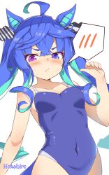 Rule 34 | 1girl, @ @, absurdres, ahoge, artist name, bare arms, bare shoulders, blue eyes, blue hair, blue one-piece swimsuit, blush, breasts, cleavage, covered navel, crossed bangs, drill hair, drill sidelocks, hekahire isurus, highres, long hair, one-piece swimsuit, purple eyes, school swimsuit, sidelocks, simple background, small breasts, solo, spoken blush, sweat, swimsuit, twin turbo (umamusume), twintails, umamusume, upper body, v-shaped eyebrows, white background