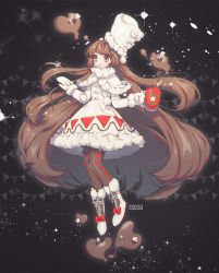 Rule 34 | 1girl, boots, brown eyes, brown hair, capelet, character name, cocoa, cocoa cookie, cookie run, cup, dress, food, full body, gloves, hat, heart, hot chocolate, long hair, long sleeves, marshmallow, mug, pantyhose, rwael, snowflake (symbol), snowflake print, solo, very long hair, white dress, white gloves