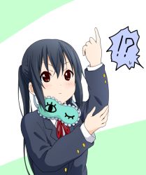 Rule 34 | 1girl, black hair, blindfold, unworn blindfold, dresstrip, k-on!, long hair, nakano azusa, pointing, pointing up, red eyes, school uniform, solo, twintails
