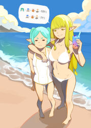 Rule 34 | 2girls, aqua hair, arm on another&#039;s shoulder, bare legs, bare shoulders, barefoot, beach, bikini, blonde hair, breasts, closed eyes, closed mouth, cocktail, covered navel, cup, elf, frieren, full body, highres, holding, holding cup, lips, long hair, medium breasts, multiple girls, navel, ocean, one-piece swimsuit, parted lips, pointy ears, serie (sousou no frieren), small breasts, smaragdus, sousou no frieren, speech bubble, standing, swimsuit, twintails, very long hair, white bikini, white one-piece swimsuit, yellow eyes